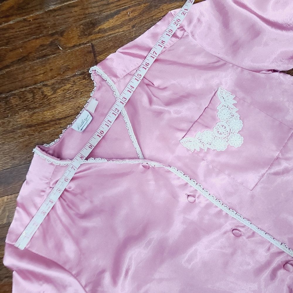 Vintage 90s Barbiecore Pink Lace Trim Sateen Pajama Top - Picture 6 of 16